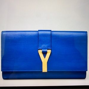 YVES SAINT LAURENT Blue Smooth Leather Ligne Y Clutch Bag